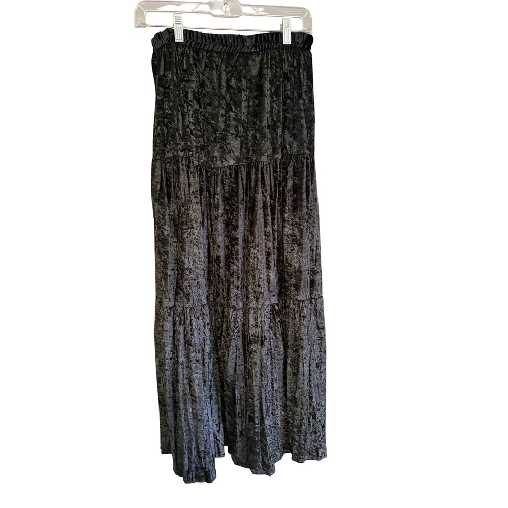 1849 Authentic Ranchwear Black Crushed Velvet Tiered Maxi Skirt Vintage XS USA